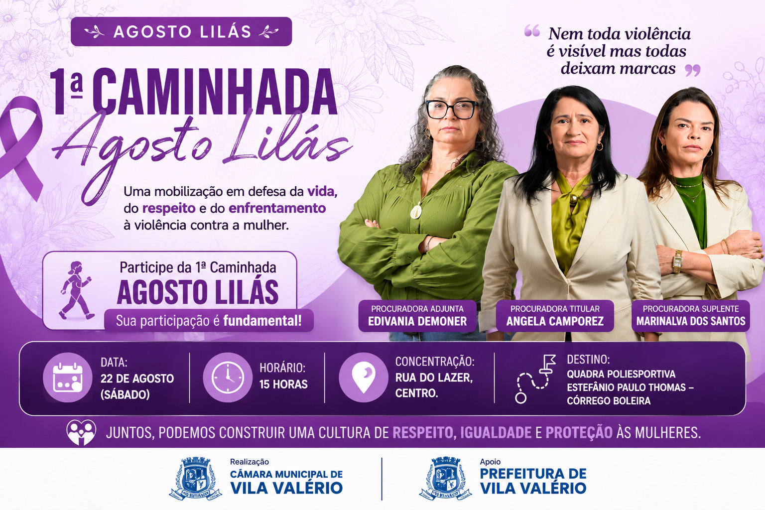 Foto da notícia: Câmara Municipal de Vila Valério realiza 1ª Caminhada Agosto Lilás em defesa das mulheres