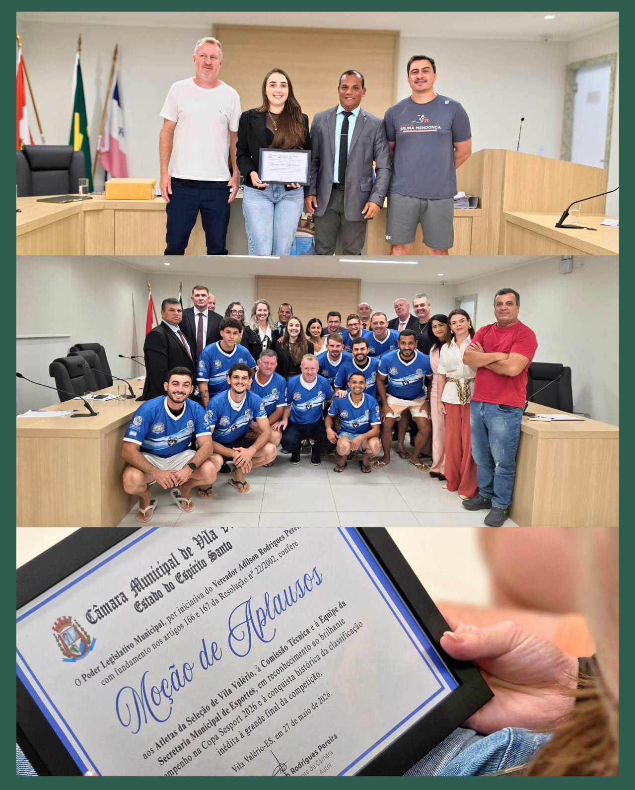 Foto da notícia: ATLETAS DA SELEÇÃO DE VILA VALÉRIO, COMISSÃO TÉCNICA E EQUIPE DA SECRETARIA MUNICIPAL DE ESPORTES SÃO HOMENAGEADOS COM MOÇÃO DE APLAUSOS