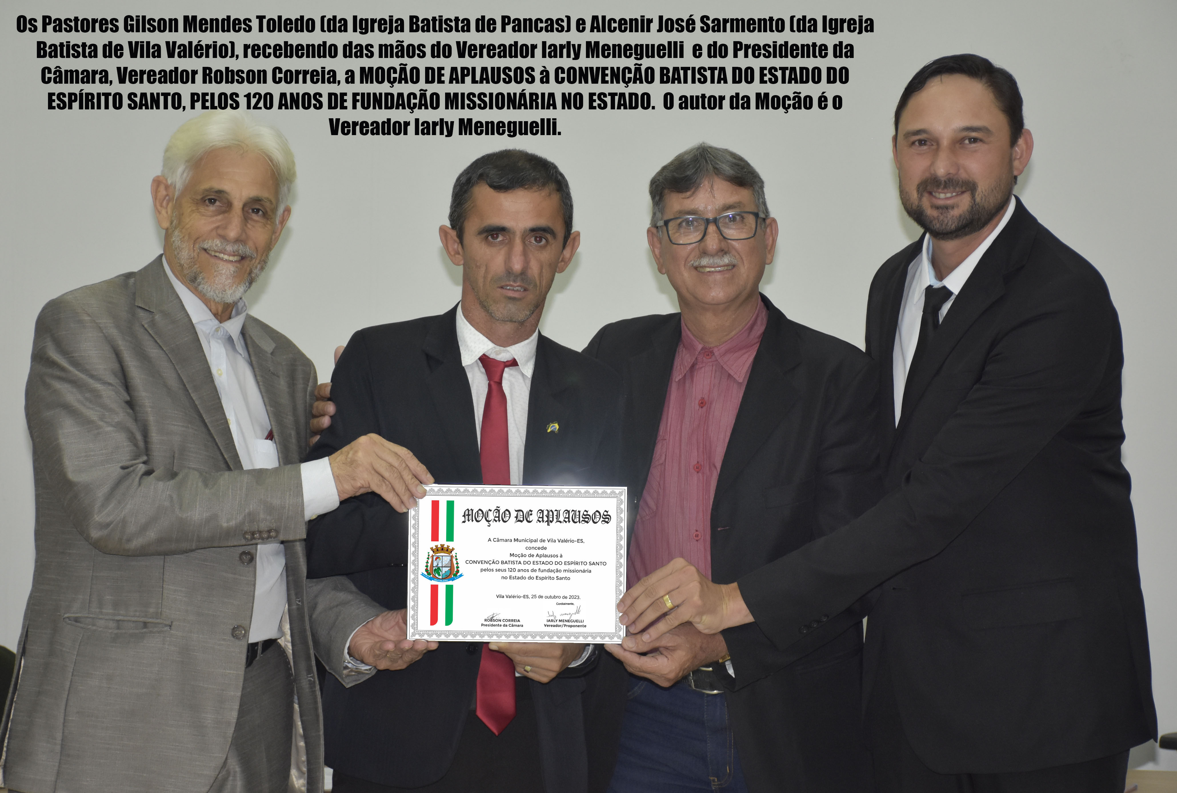 POR INICIATIVA DO VEREADOR IARLY MENEGUELLI, CÂMARA CONCEDE MOÇÃO DE APLAUSOS À CONVENÇÃO BATISTA DO ESTADO DO ESPÍRITO SANTO 